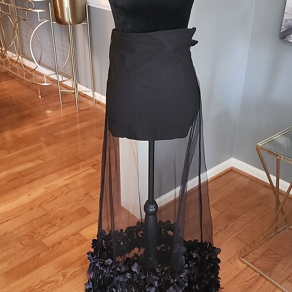 AKIRA Black Maxi Skirt with Sheer Panel and Feather Hem - Picture 2 of 7